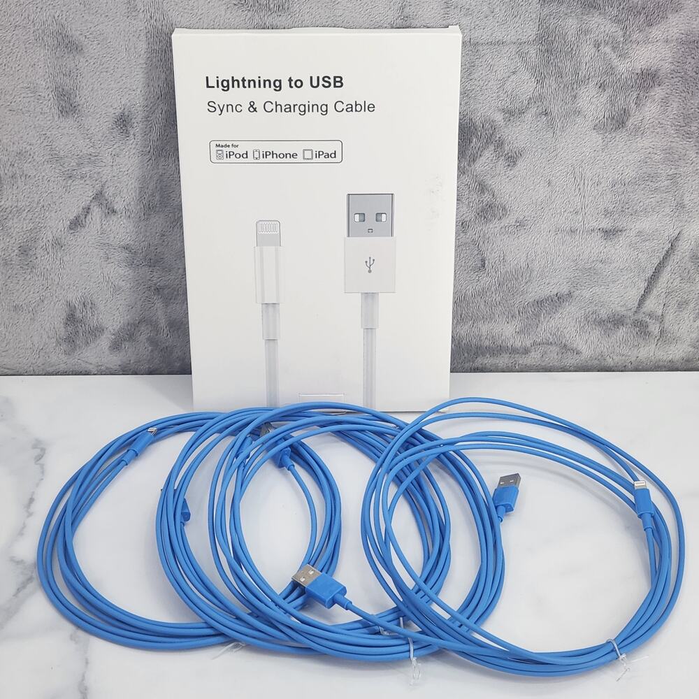 Box of 4 Charging Cables, Lightning to USB 10 Ft Blue Cords